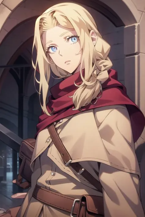 lisatepes, <lora:lisatepes-lora-nochekaiser:1>,
lisa tepes, long hair, blue eyes, blonde hair, hair over shoulder, 
BREAK braid, belt, bag, cape, single braid, long sleeves, skirt,
BREAK looking at viewer,
BREAK indoors,
BREAK <lyco:GoodHands-beta2:1>, (ma...