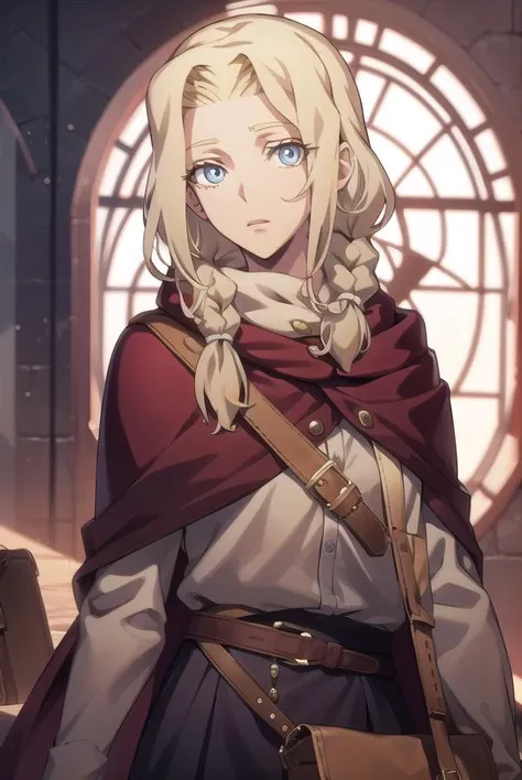 lisatepes, <lora:lisatepes-lora-nochekaiser:1>,
lisa tepes, long hair, blue eyes, blonde hair, hair over shoulder, 
BREAK braid, belt, bag, cape, single braid, long sleeves, skirt,
BREAK looking at viewer,
BREAK indoors,
BREAK <lyco:GoodHands-beta2:1>, (ma...