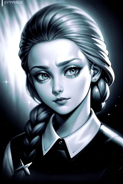 (dark shot:1.4), 80mm, comic style, illustration, cartoon, katsmir, 1girl, solo,  braid, single braid, long hair, closed mouth,  hair over shoulder, braid clip, greyscale, monochrome <lora:katsmir:0.55> , [[by phil jimenez]], soft light, sharp, exposure bl...