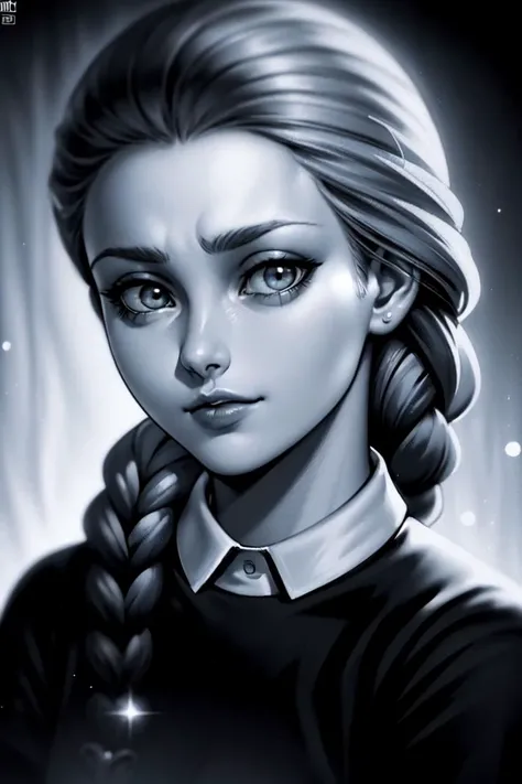 (dark shot:1.4), 80mm, comic style, illustration, cartoon, katsmir, 1girl, solo,  braid, single braid, long hair, closed mouth,  hair over shoulder, braid clip, greyscale, monochrome <lora:katsmir:0.55> , [[by phil jimenez]], soft light, sharp, exposure bl...