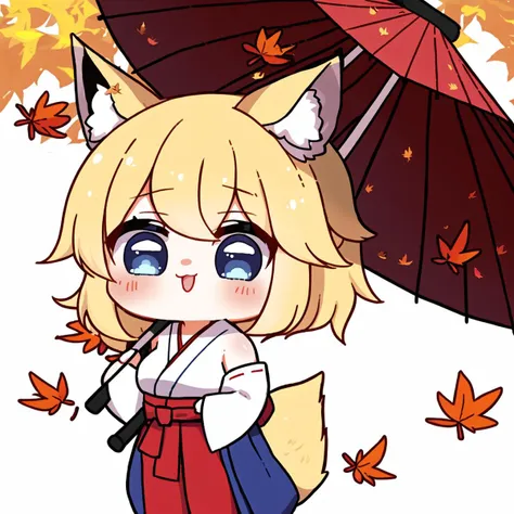 (masterpiece:1,2), best quality,none,
1girl, animal ears, solo, long hair, japanese clothes, fox ears, blonde hair, umbrella, smile, blue eyes, breasts, oil-paper umbrella, leaf, holding, blush, looking at viewer, wide sleeves, long sleeves, bangs, holding...