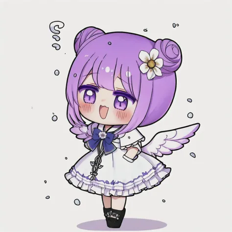 (masterpiece:1,2), best quality,none,
1girl, black footwear, blue bow, dress, feathered wings, frilled dress, hair flower, halo, low wings, pink hair, purple flower, shadow, simple background, single side bun, solo, spoken ellipsis, teardrop, very long hai...