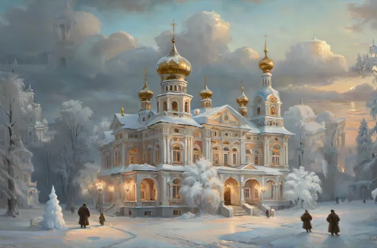 Majestic oil painting of a grand Russian palace in the winter, its facade adorned with intricate ice sculptures sparkling under the soft glow of streetlamps. Snow blankets the vast courtyard, dotted with towering Christmas trees adorned with colorful ornam...