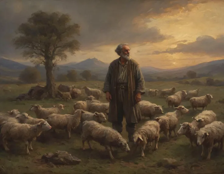 an old shepherd with a flock of sheep at dawn, 4k, UHD, masterpiece