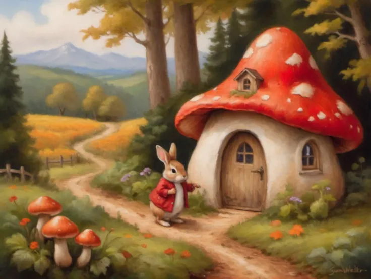 (art by susan wheeler, susan wheeler art style,:1.3)  painting, cozy , large red mushroom house, window, light, opened door, forest, rabbit paws, brown bunny picking carrots from the ground, wearing a farmers outift, masterpiece, best quality, high quality...