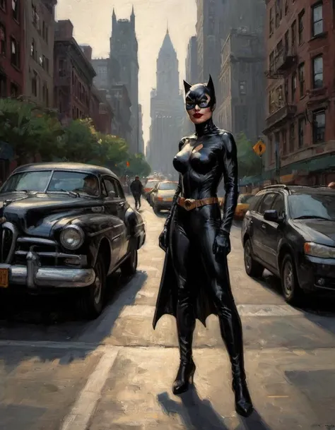 A street photographer secretly captures Catwoman outside late afternoon in Gotham city