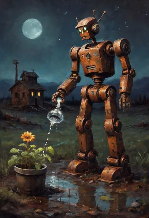 Fantasy painting of a rusty old robot watering the last plant on earth, night scene