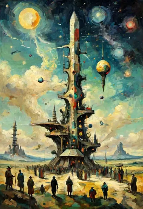 oil painting art style, pre-historic space elevator, BCE era, primitivepunk, and a long queue of humans to board it, Kandinsky