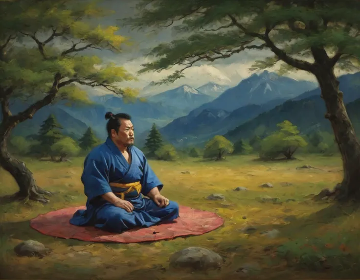 a sumo wrestler meditating under a tree in the japanese alps, 4k, UHD, masterpiece