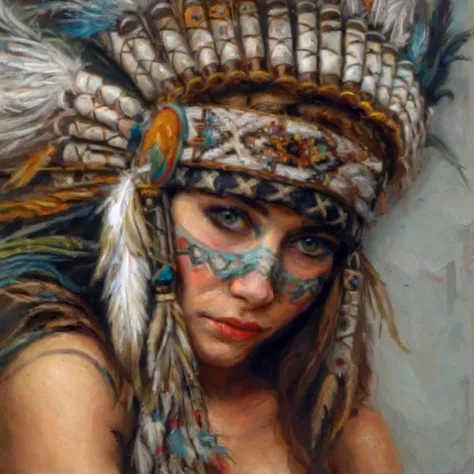 a woman with a feather headdress and a feathered headdress on her head is posing for a picture, Art Brenner, highly detailed