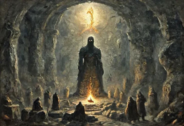 a painting of a man standing in a cave with a fire