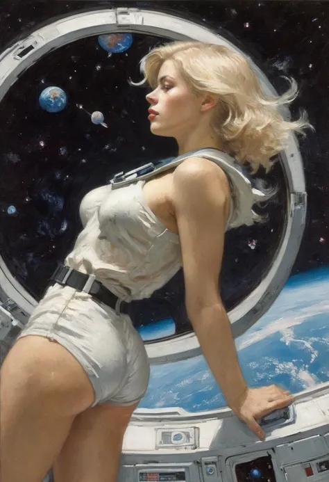 Full body shot,  profile view of a blonde,  floating weightless,  space station. She is  wearing short shorts,  and looking outside towards earth. She is melancholic,  and is thinking of her family back on earth. Art by J.C. Leyendecker