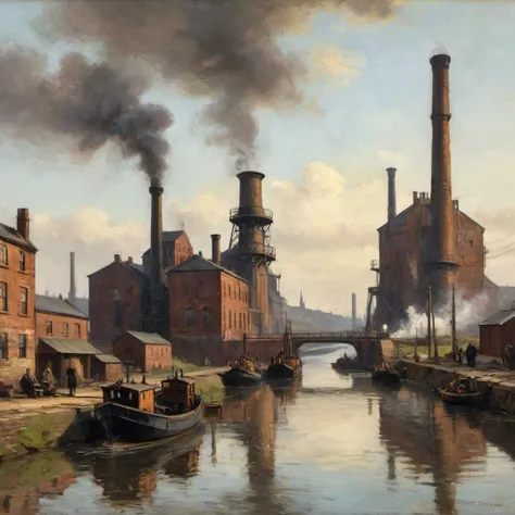 (Masterpiece, Best Quality), intricate details, high quality texturex, high quality shades and reflections, an industrial landscape with blast furnaces and a shipping canal, early 19th century, peaky blinders,  <lora:more_details:1>