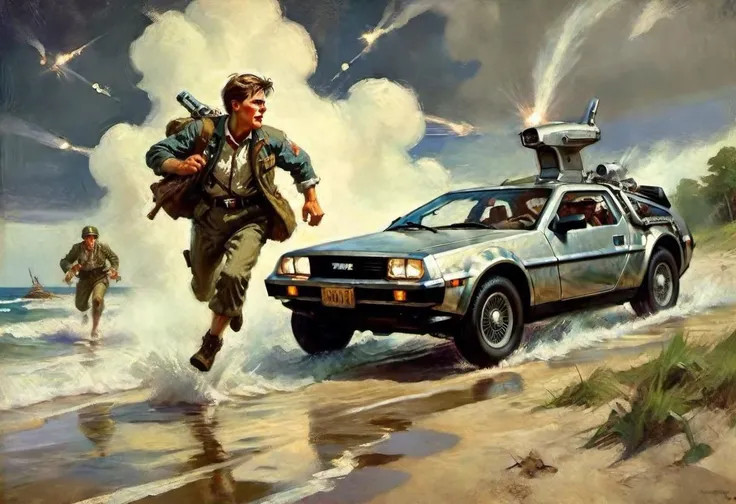 ASCIICinematic shot, detailed, Painting, illustration, adventure book,Marty mcfly running, (delorean car), normandie beach world war 2, 1944, 6 june, dday, american soldier by night, N.C. Wyeth Style page