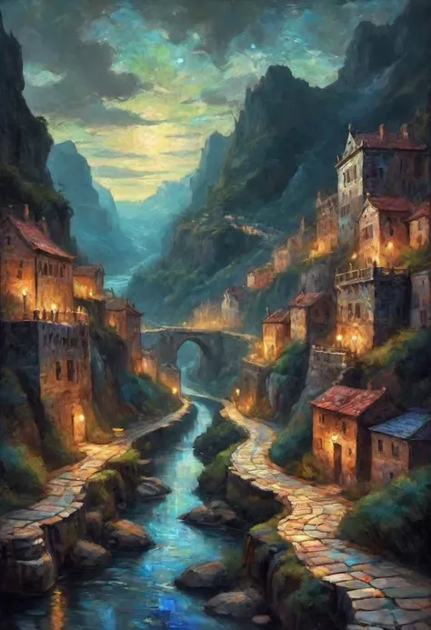 Fantasy painting of a gorge,  with a canal made of colorful tiles running through it. Night scene