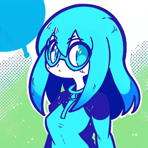 a cartoon girl with glasses and a blue dress is talking