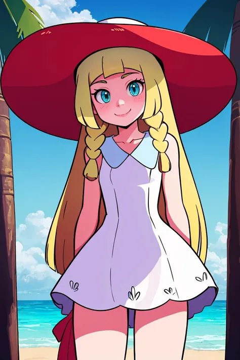 a cartoon girl in a big hat standing on a beach