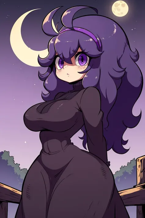 <lora:Diives_Style:0.8>,masterpiece, best quality, highres, aahex, hex maniac (pokemon), long hair, ahoge, purple hairband, purple eyes, @_@, large breasts, long dress, black dress, long sleeves, <lora:hex_maniac_v1:0.7>, arms behind back, outdoors, full m...