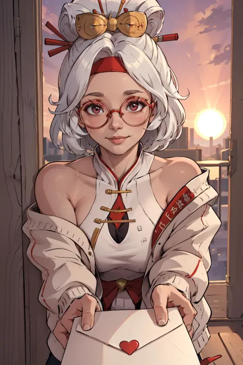 (masterpiece,best quality,absurdres),outside,sunset,love letter,1girl,purah,red glasses, hair ornament, hair stick, red headband, white shirt, bare shoulders, white jacket,slight smile <lora:love_letter_v1:0.8> <lora:purah-nvwls-v3-2:0.7>