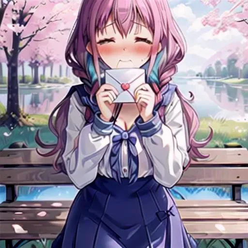 anime girl with long hair holding a envelope sitting on a bench