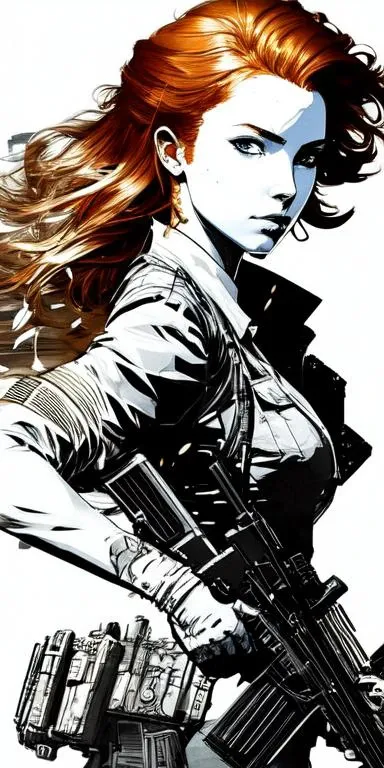 (samdoesart:1.2) dreamlikeart beautiful young lady aiming a revolver, ginger hair, perfect face, masterpiece, intense shadows, ambient light, illustration, sketch, (thick outlines), cartoon, highres, drawn by (Yoji Shinkawa:1.3), (Hideo Kojima:0.8)