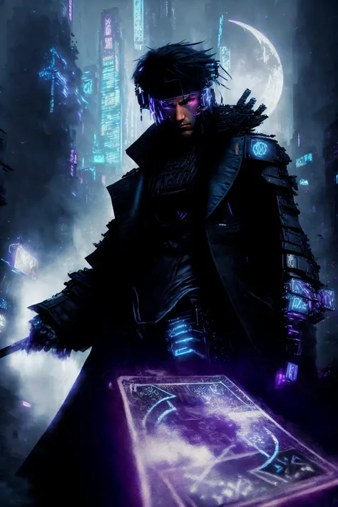 painting, portrait of Gambit, Le Diablo Blanc, Remy Lebeau, pompadour<lora:GambitVwhatever:0.8>, purple glowing eyes, throwing cards <lora:cards:0.7>, long coat, trench coat, (((cyberpunk city background))) <lora:Cyberpunk_Concept:0.5>, ((night time)) ,gla...