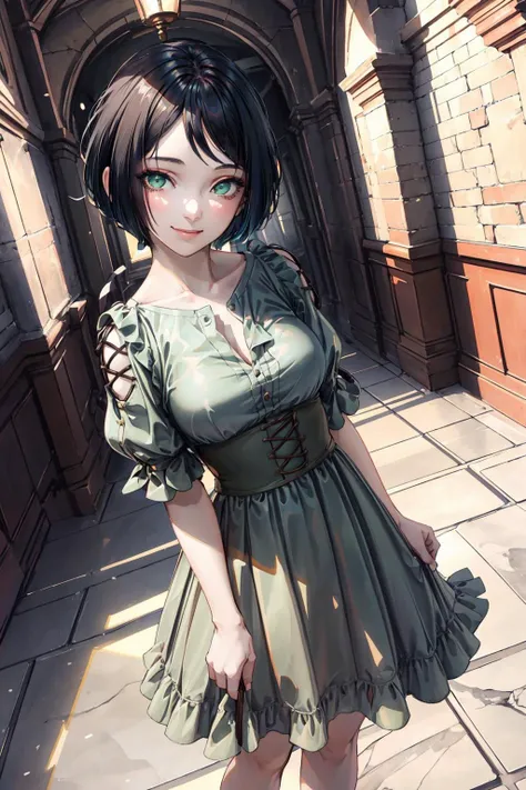 masterpiece, best quality, 1girl, <lora:Giselle:0.8>Giselle, short hair, main dress, green eyes, standing in a hall, light smile, arms behind back,  marble (stone), checkered floor, from below, <lora:more_details:0.3>