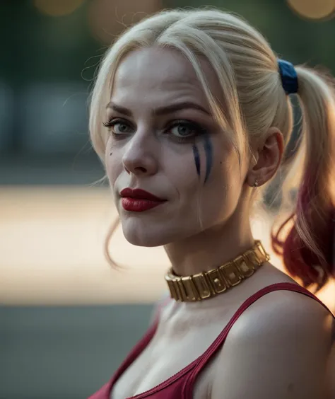 a close up of a woman with a red top and a blue face paint