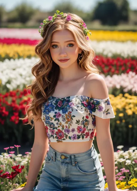 a woman in a floral crop top and jeans posing in a field of flowers