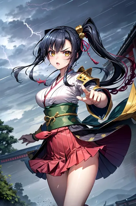 (masterpiece, best quality, detailed), 1girl, solo, kanu,long hair,side ponytail,hair ribbon,hair ornament, looking at viewer,
(samurai), japanese armor, kusazuri, sode, kote, sheath, japanese clothes, hakama, outdoors, lightning, rain, cloudy sky, wet, st...