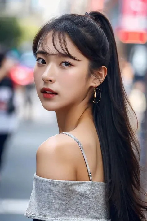 <lora:miniyoo_chillout01:1>, (solo,1girl), RAW, masterpiece, (Close-up Shot:1.4), (focus on face), A stunning photo of a (beautiful:1.2) young korean kpop_idol woman (wearing off-shoulder t-shirt:1.2) (seductive smile:0.5) on a street of Shibuya at dawn, (...