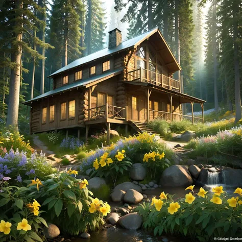 arafed log cabin in the woods with flowers and rocks