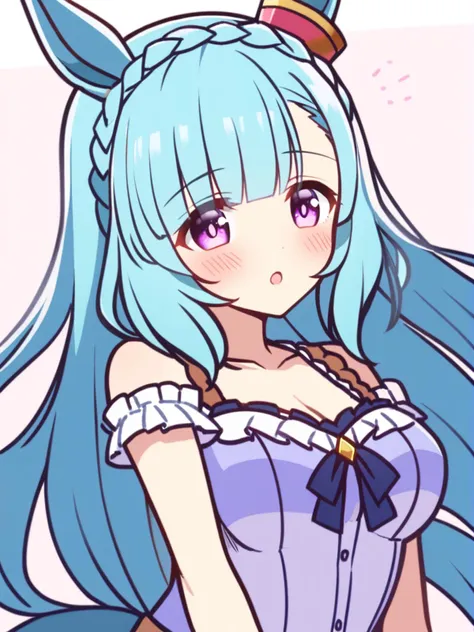 a close up of a anime character with long blue hair