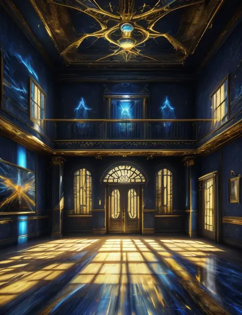 a painting of a room with a chandelier and a chandelier