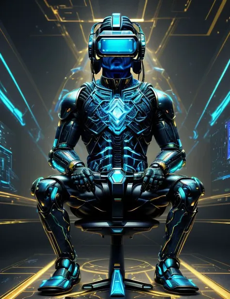 a man in a futuristic suit sitting on a chair with a glowing background