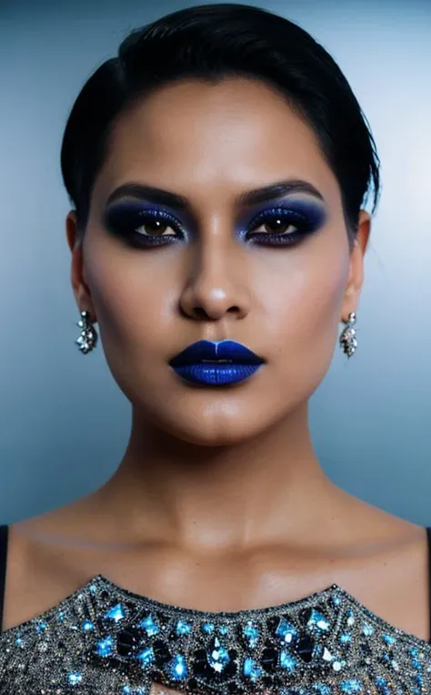 a woman with blue lipstick and a blue dress posing for a picture