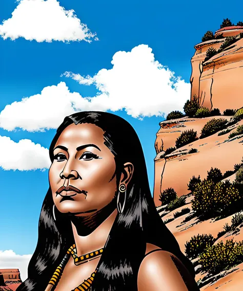 drawing of native american woman, canyon in the background, blue sky, clouds, very detailed face, <lora:bonelli-000006:0.7>