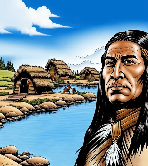 drawing of old native american man, brown eyes, feather, indian hut and a river in the background, blue sky, clouds, very detailed face, <lora:bonelli-000006:0.7>