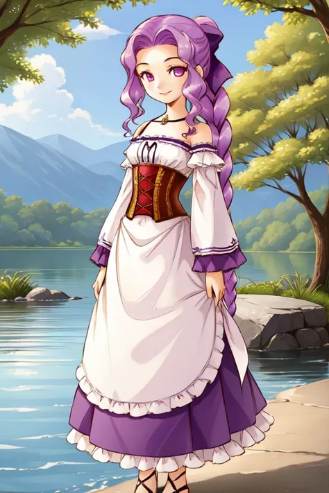 a woman in a dress standing next to a lake