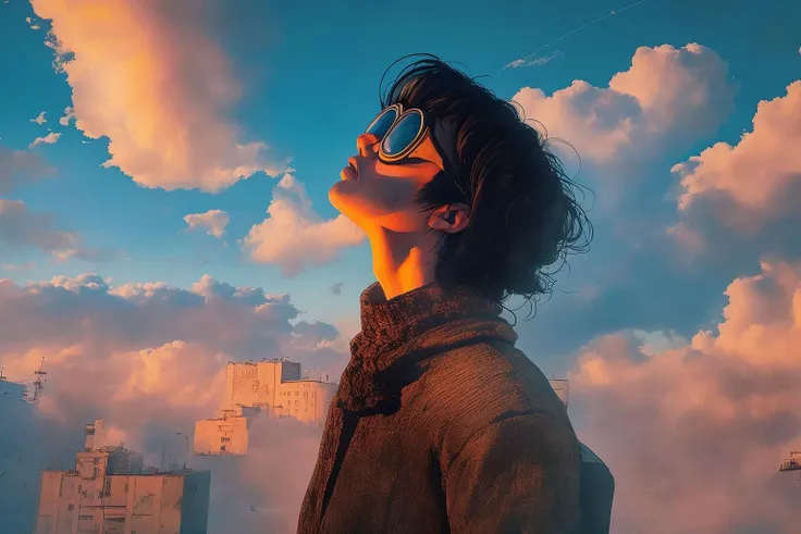 a woman in sunglasses looking up at the sky with a city in the background