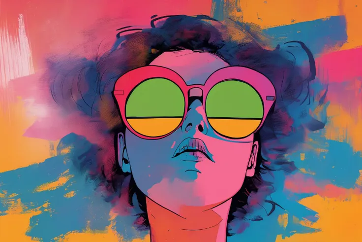 a close up of a woman with sunglasses on a colorful background