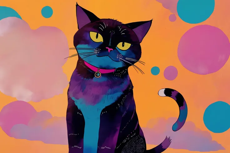 brightly colored cat sitting on a colorful surface with bubbles