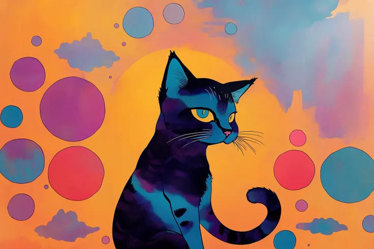 there is a black cat sitting on a colorful surface with bubbles