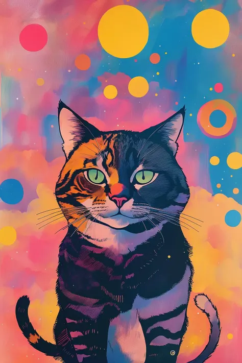 painting of a cat with a colorful background and bubbles