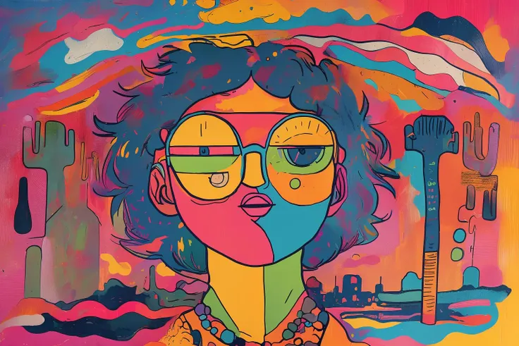 painting of a woman with sunglasses and a necklace in front of a city