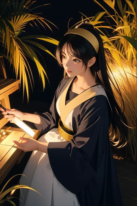 a woman in a kimono dress playing a piano in a garden