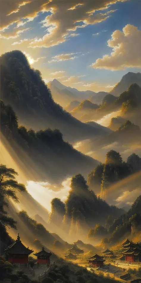 oil painting, (highly detailed:1.4), best quality, masterpiece , mountains, clouds, sunrays, chinese style, architectures