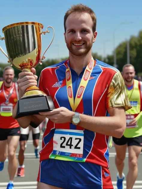 arafed man holding a trophy while running a marathon