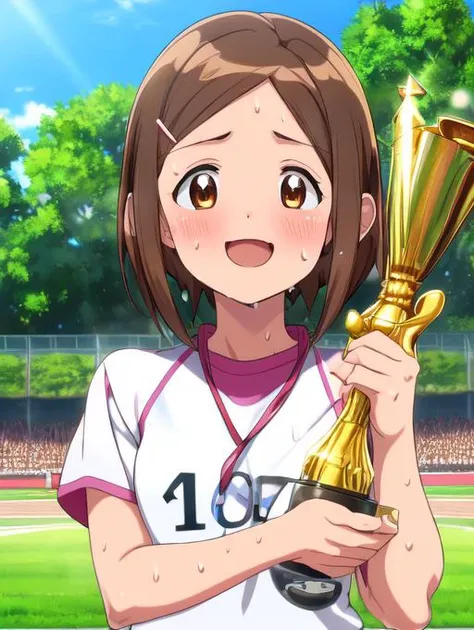 a woman holding a trophy in front of a baseball field