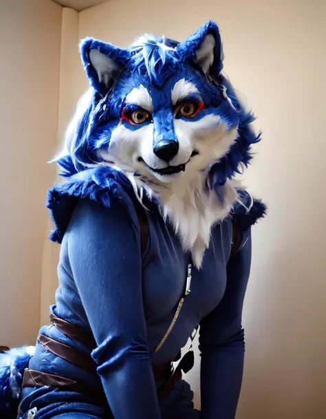 a close up of a person in a costume with a wolf mask